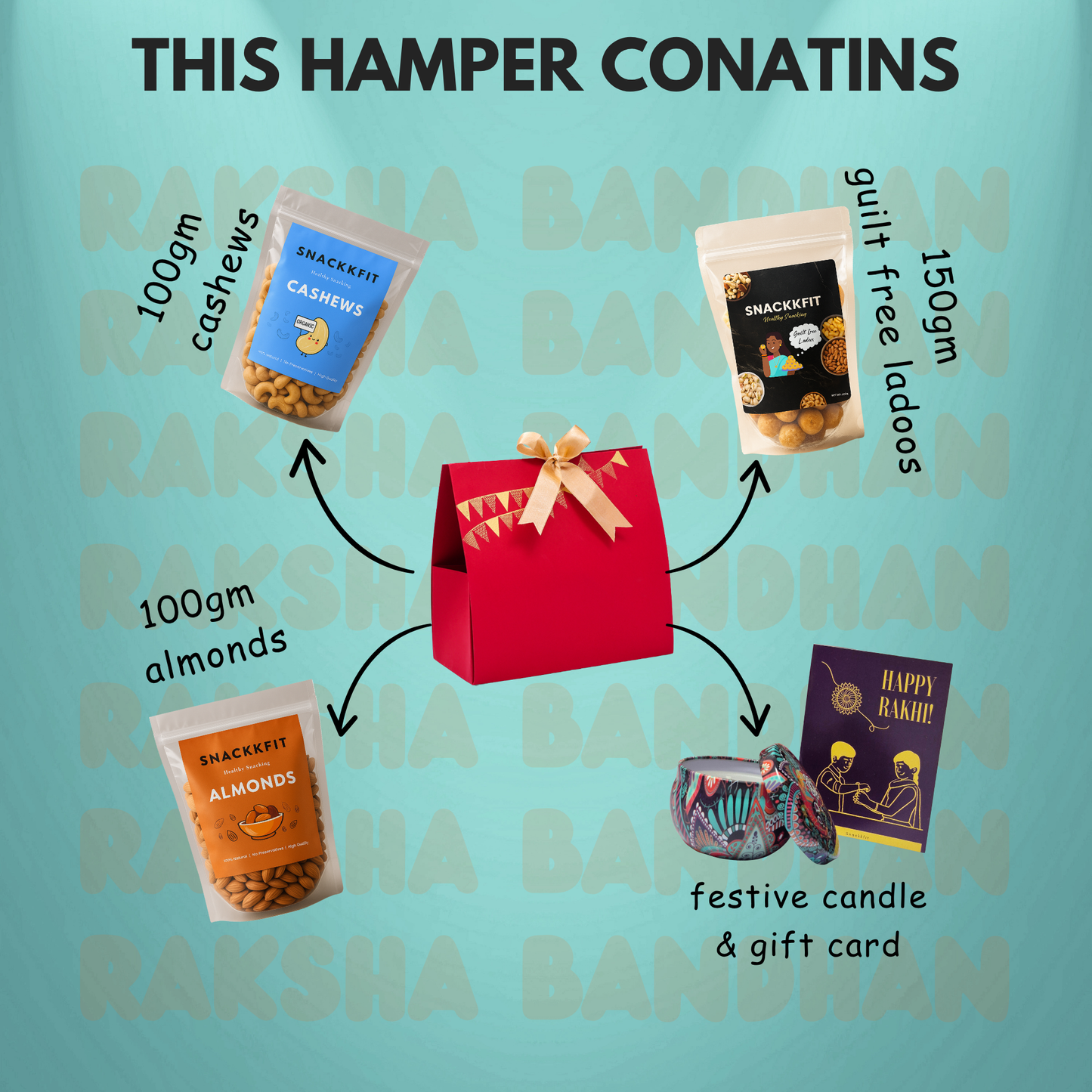 Snackkfit Rakhi Gift Hamper – Dry Fruits, Ladoos, Rakhi Card & Candle